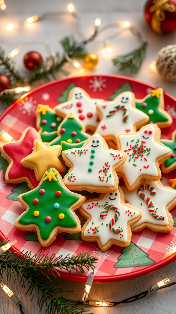 A plate of decorated Christmas cookies with sprinkles, set against a festive background.